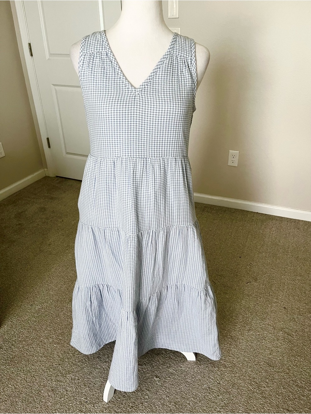 NWT Quince 100% Organic Cotton Light Blue Gingham Tiered Maxi Dress Size XS